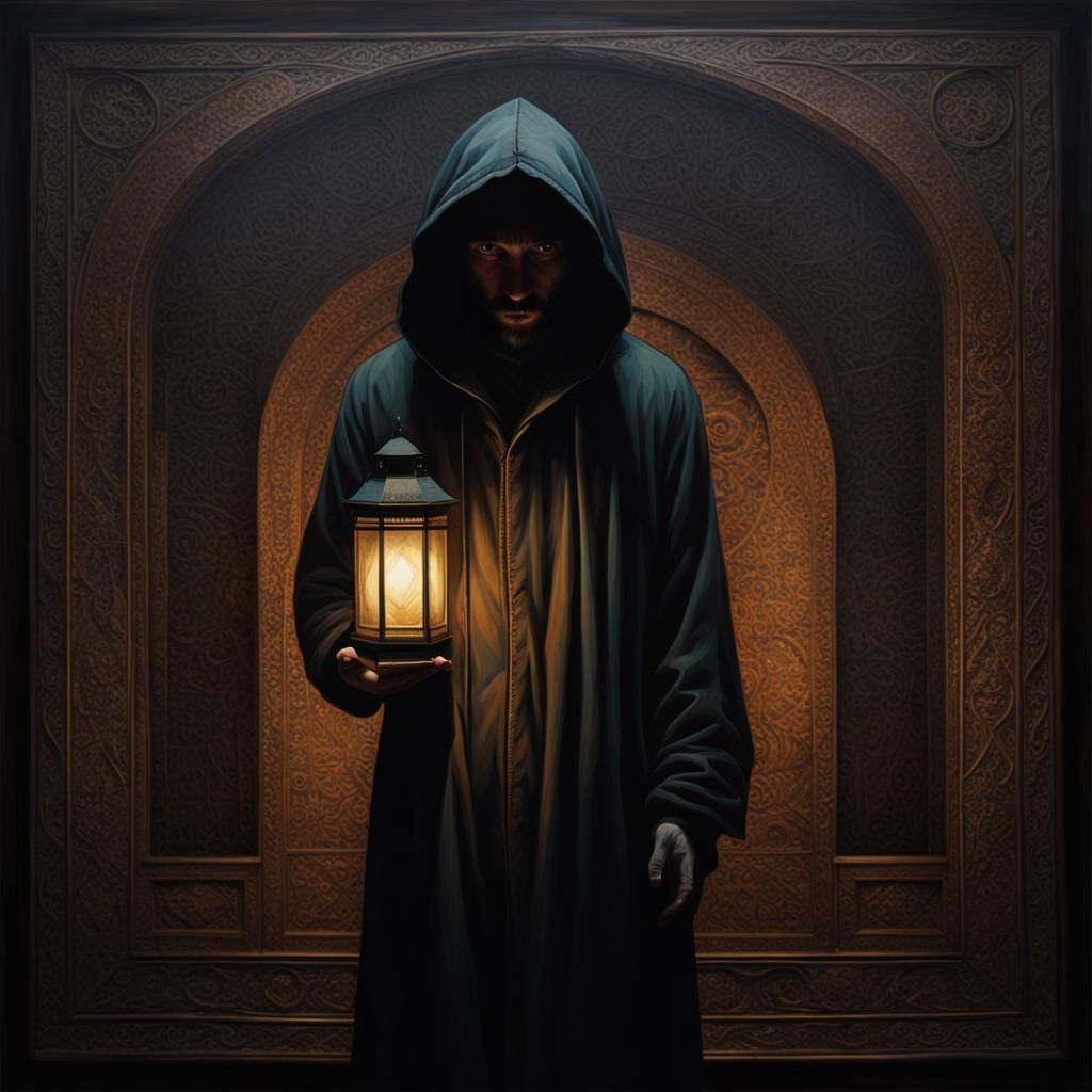 Enigmatic Hooded Figure Painting with Eerie Glow