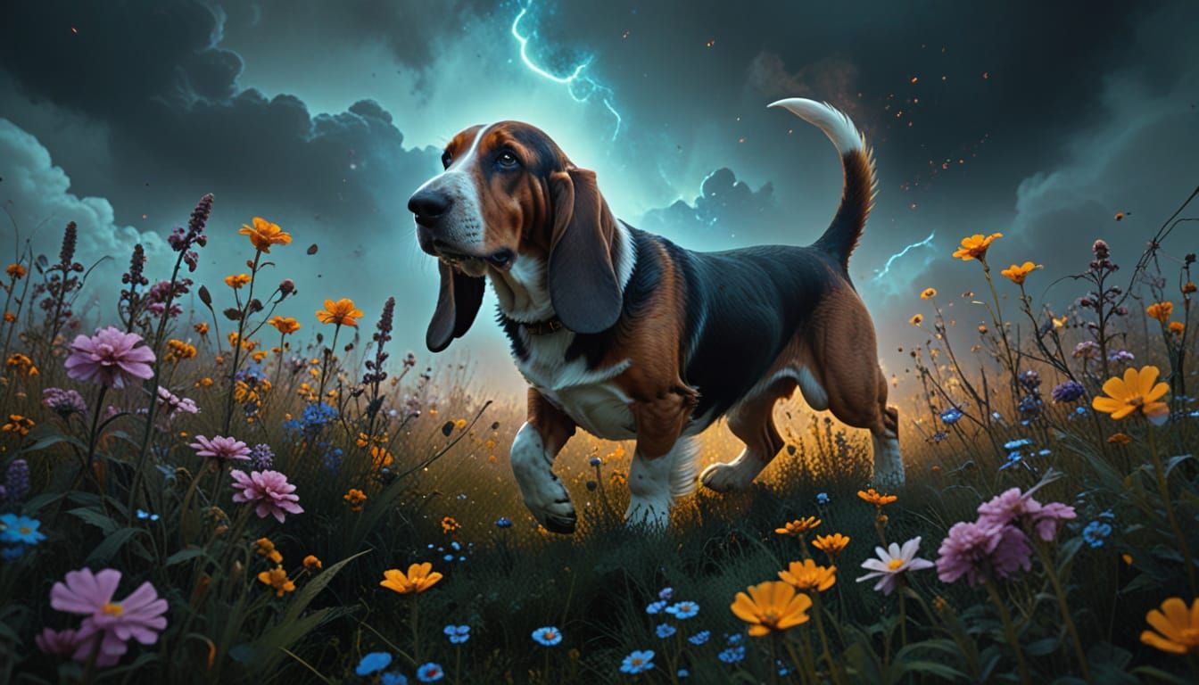 Basset Hound Runs Through Ethereal Flower Field
