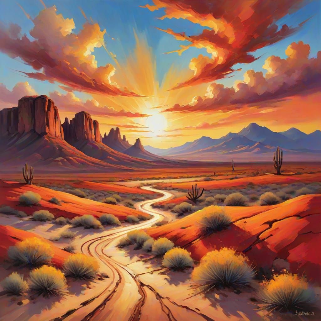 Vivid Desert Sunset Oil Painting with Fiery Sky