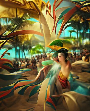 Tropical Beach Splash Art in Art Deco Style