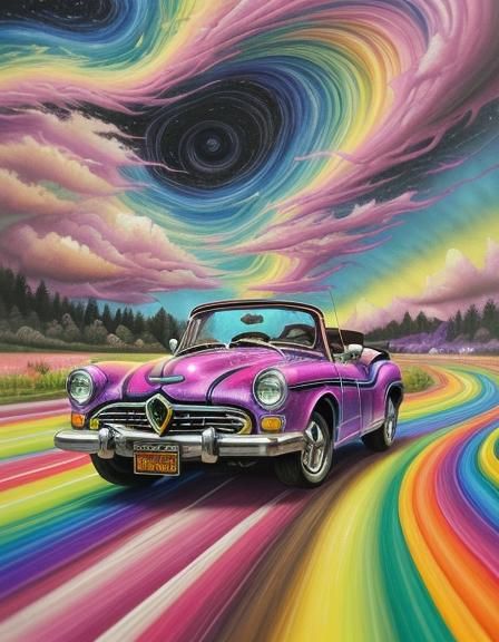 Cat in Red Convertible on Rainbow Road