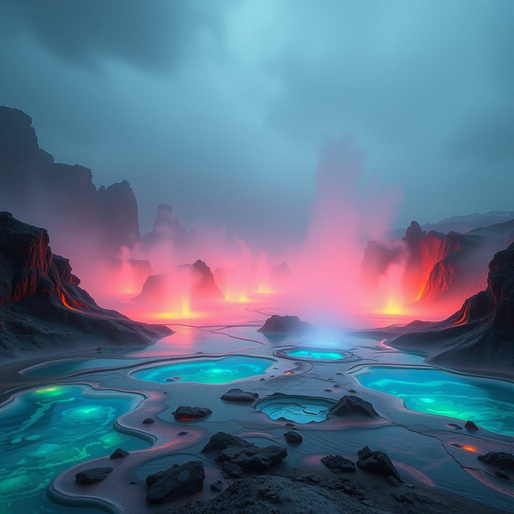 Serene Valley of Iridescent Geysers in a Dreamlike Landscape