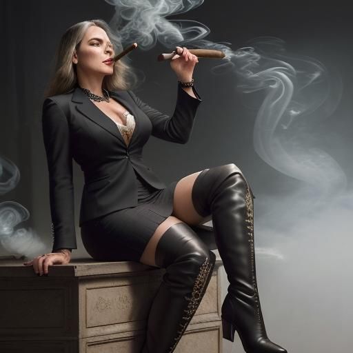 Businesswoman Smoking Cigar in Hyperrealistic Style