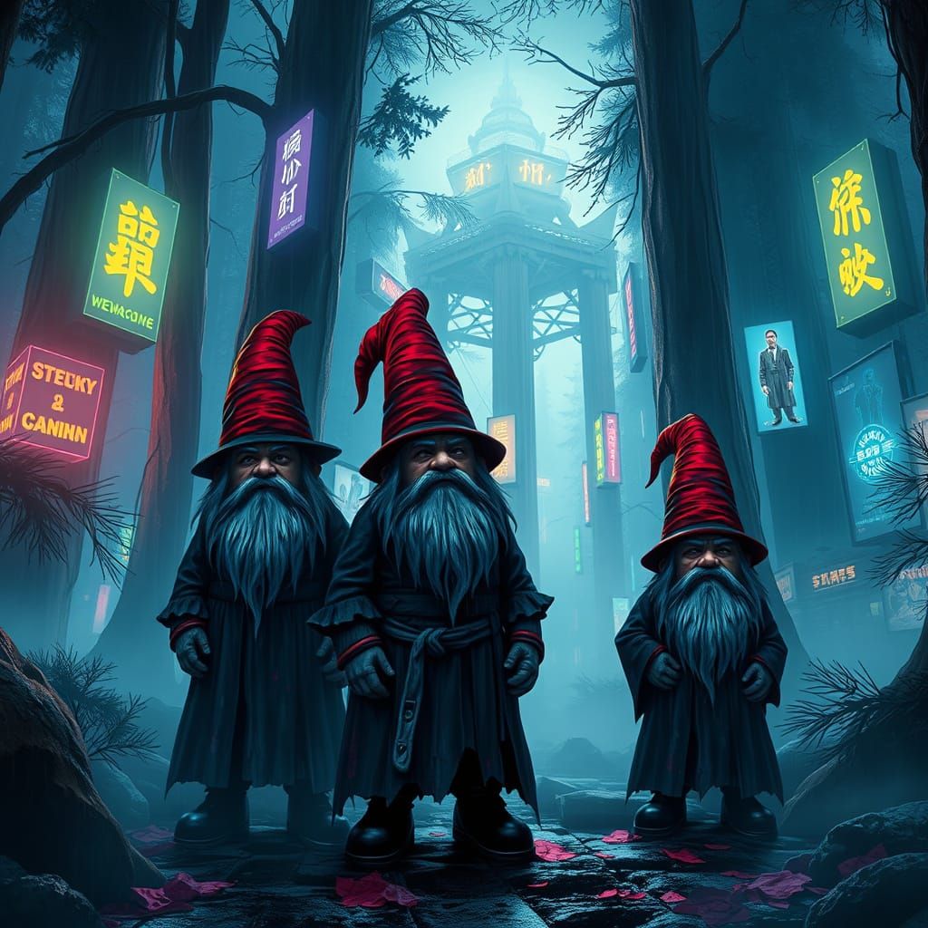 Gnomes in a Futuristic, Neon-Lit Forest