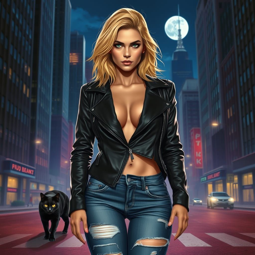 Confident Blonde Woman in City Street Scene at Night