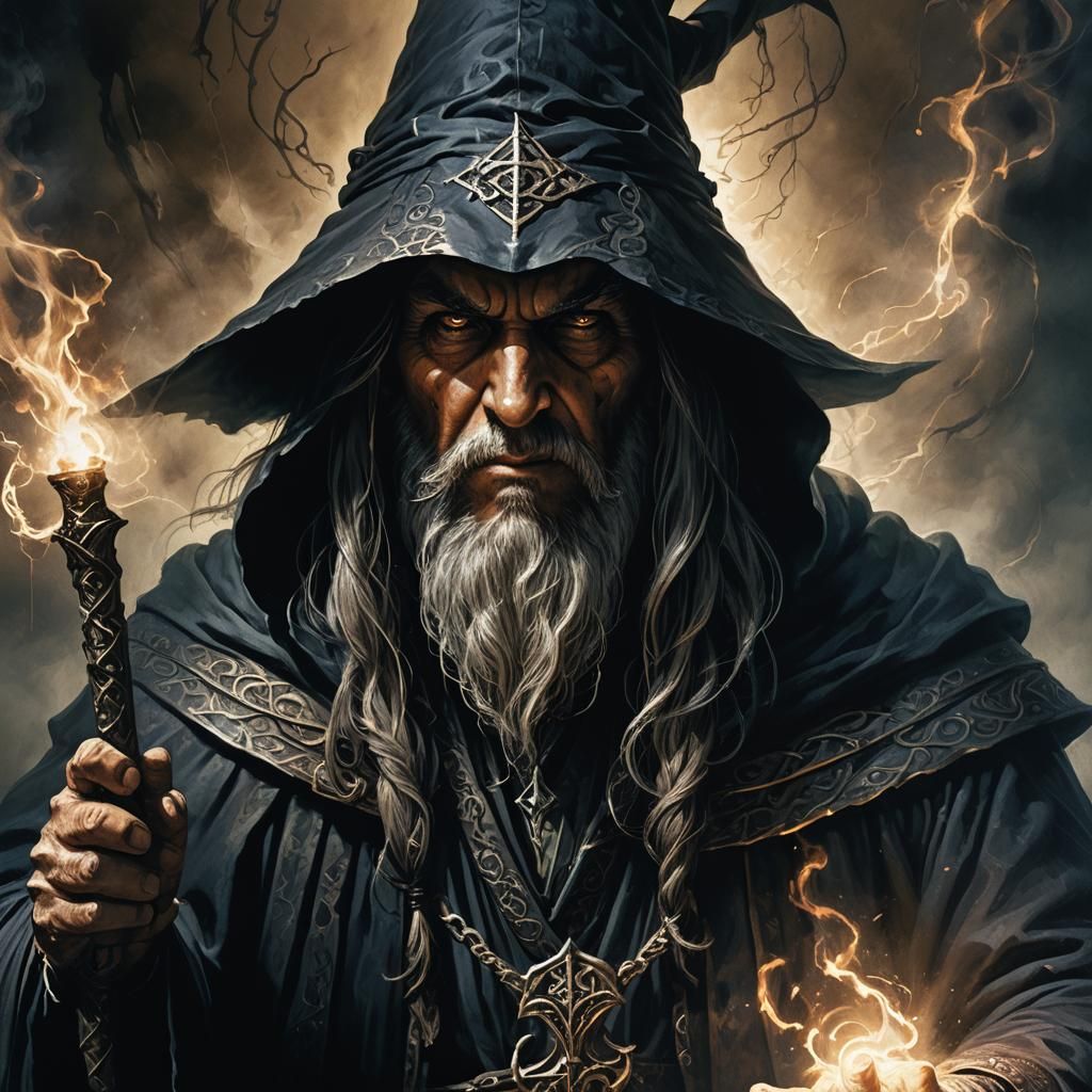 Dark Wizard Confronts Shadow in Eerie Fantasy Art