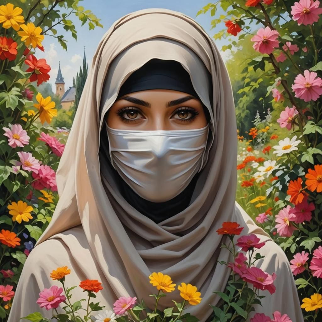 Niqabi Woman Portrait in Oil-Guache Style