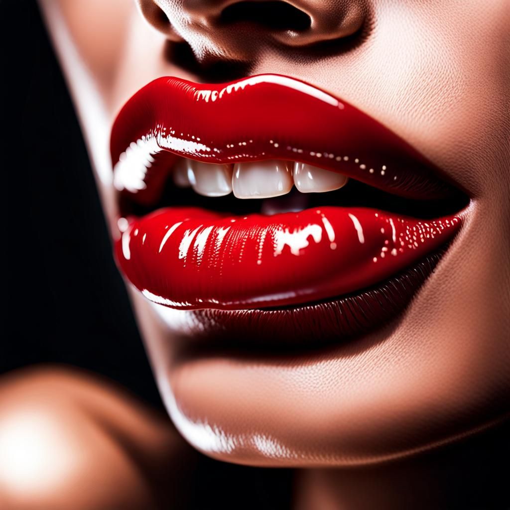 Sensual Wet Lips with Red Lipstick in Hyperrealistic Style
