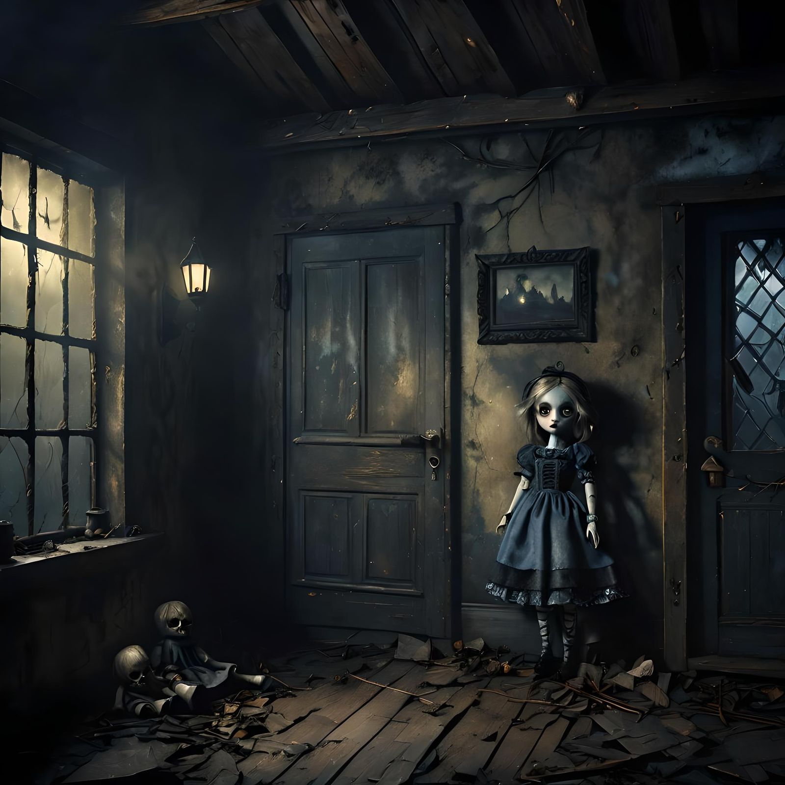 Terrifying Doll in Haunted Cottage: Horror Illustration