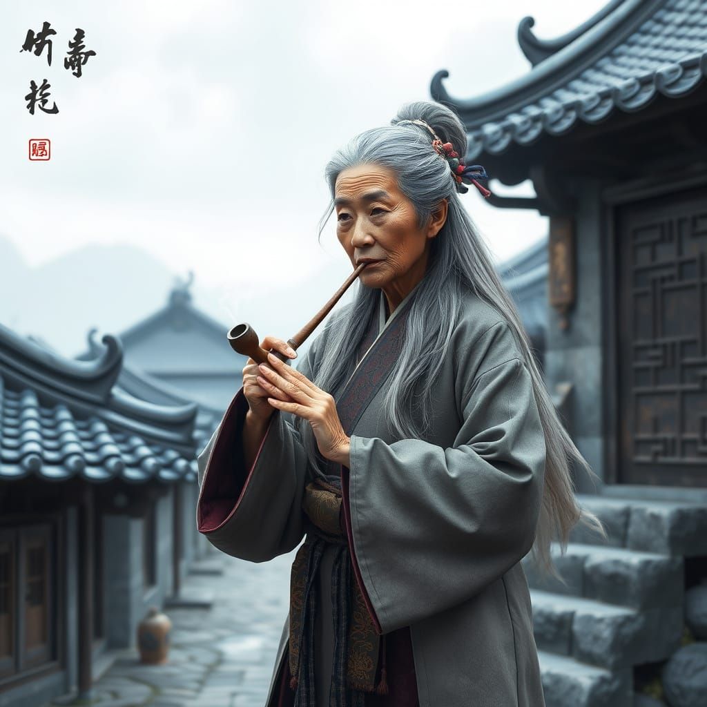 Elderly Lady Smoking Pipe in Mystical Landscape