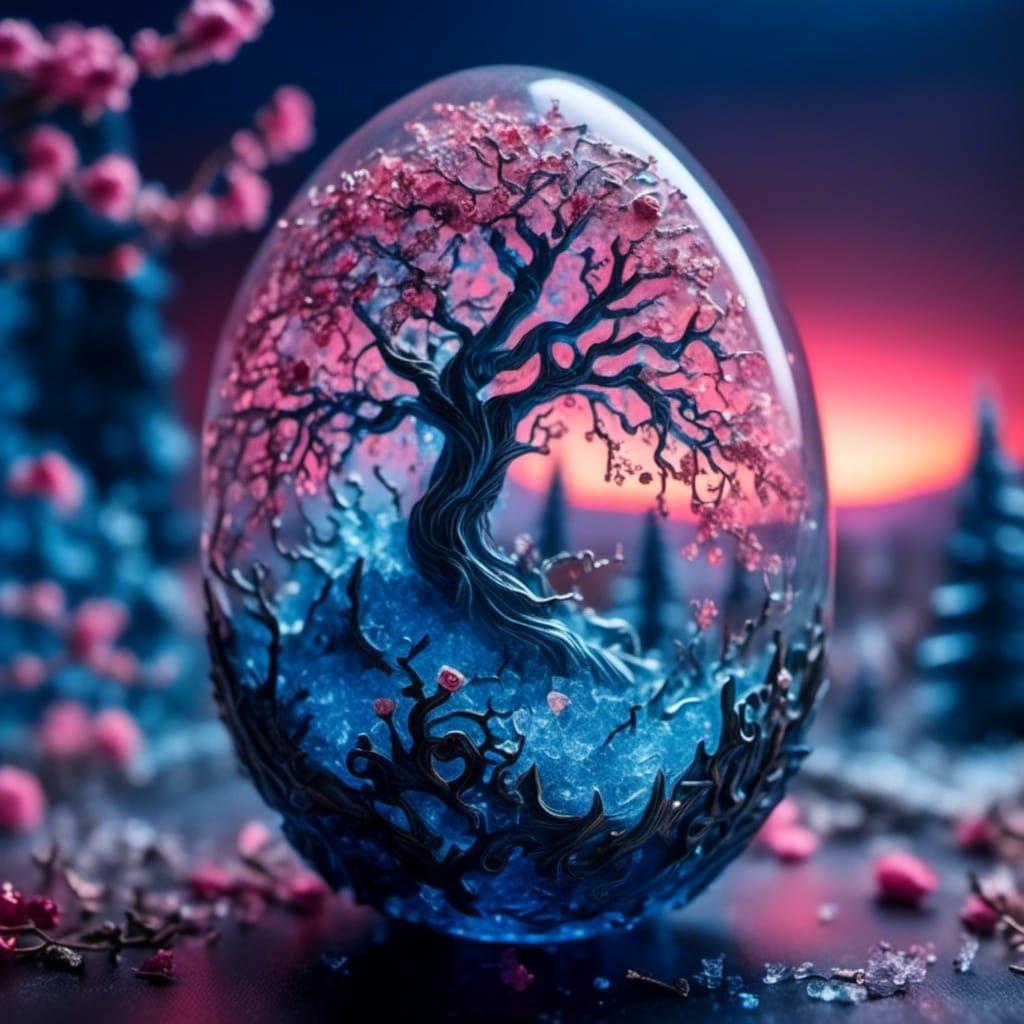Ice Crystal Tree in Glass Egg with Sakura Bloom