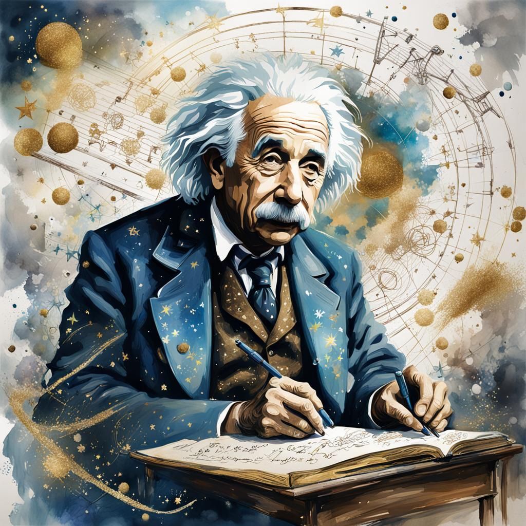 Einstein's Universe: Watercolor Portrait with Gold Glitter
