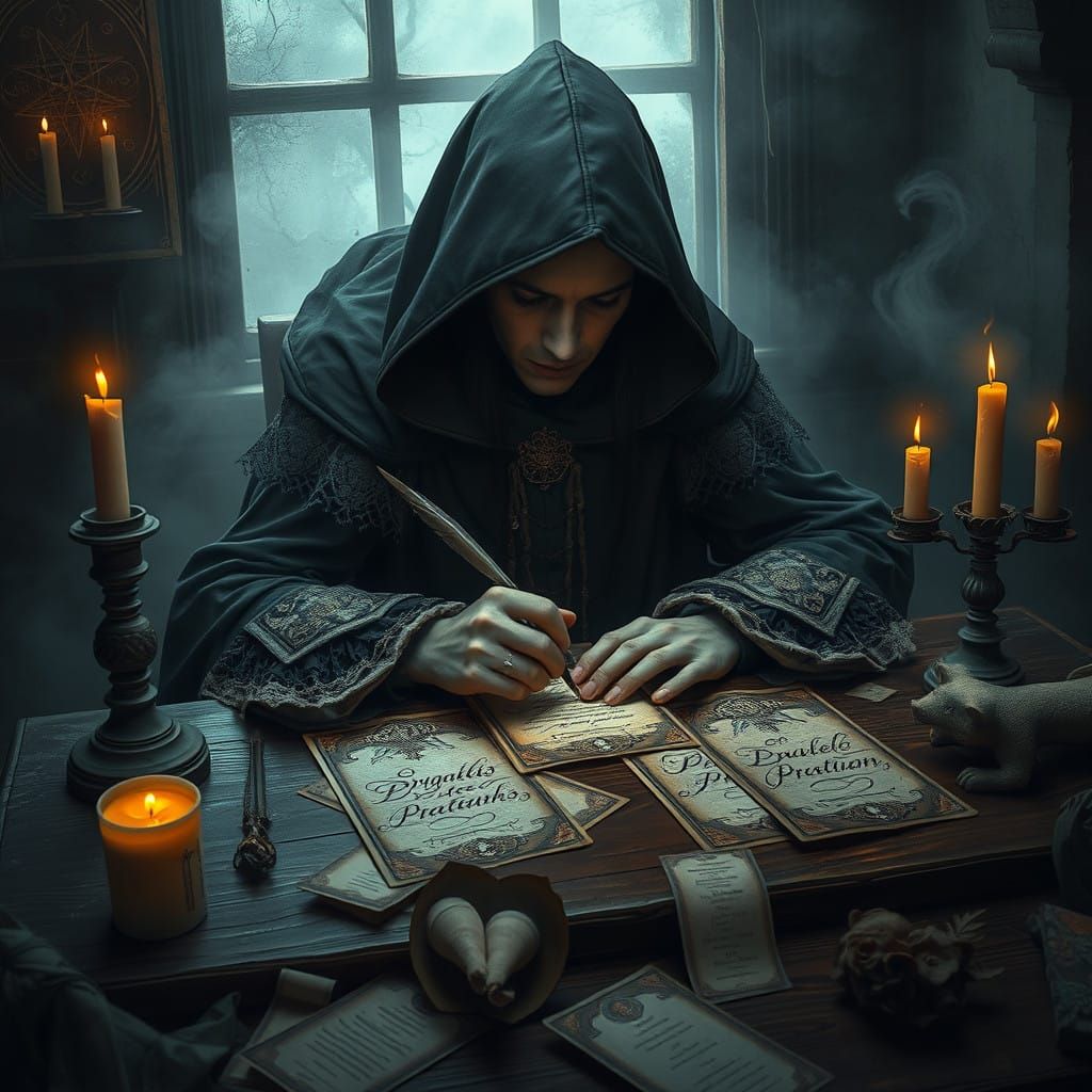Elegant Scrybe Inscribes Tarot Cards in Mysterious, Mystical...
