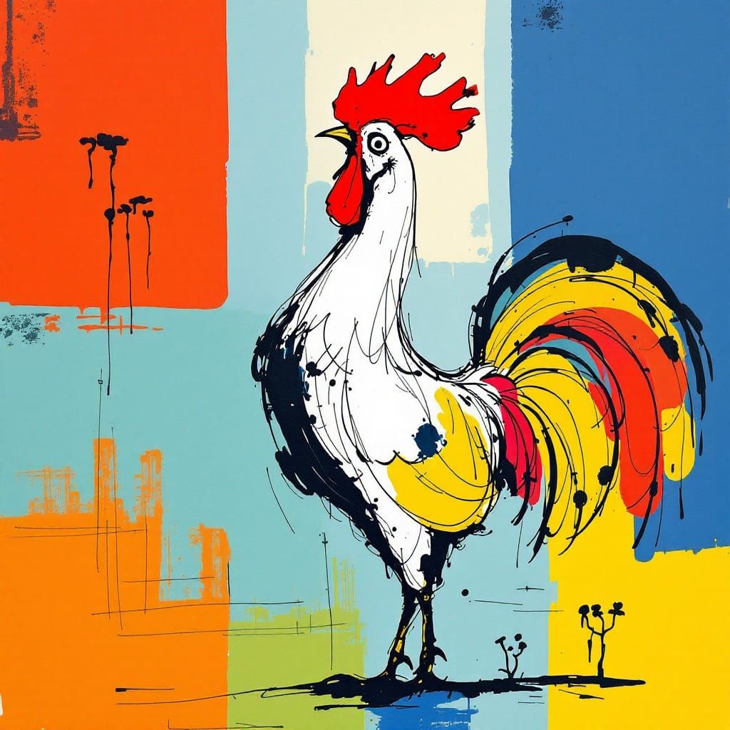 Confident Rooster in Vibrant, Semi-Transparent Colors
