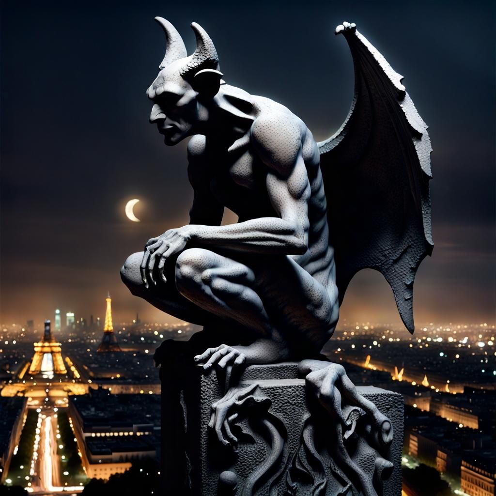 Ethereal Gargoyle Sculpture Overlooking Paris