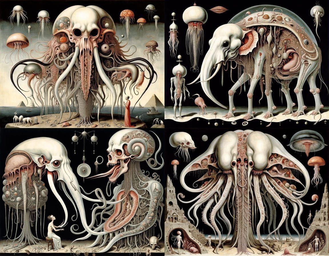 Surreal Egyptian Organism Blend as Monochrome Masterpiece