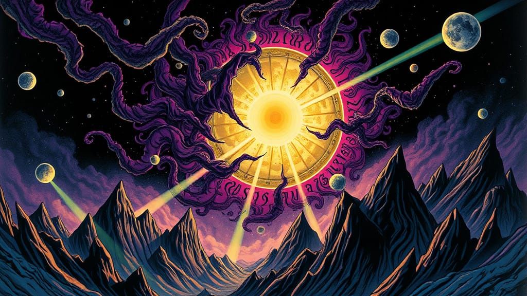 Cosmic Horror Eclipse in a Dark, Alien Landscape