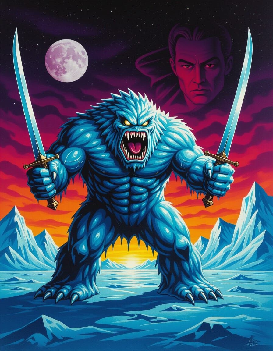 Surreal Ice Monster Attacks in Psychedelic Film Noir