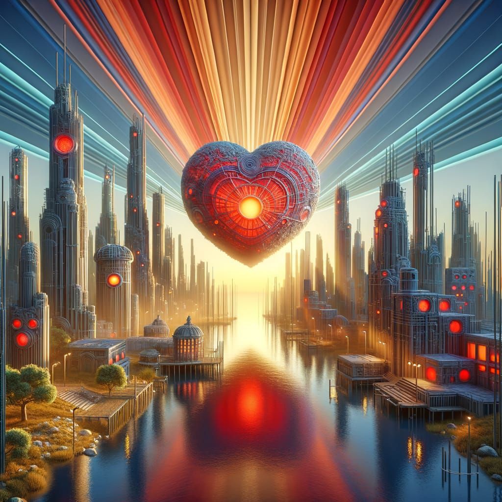 Cityscape Under a Glowing Heart-Shaped Moon