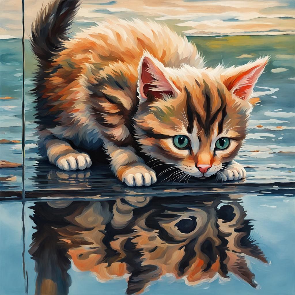 Kitten Reflection: Gouache and Watercolor Impressionist Styl...