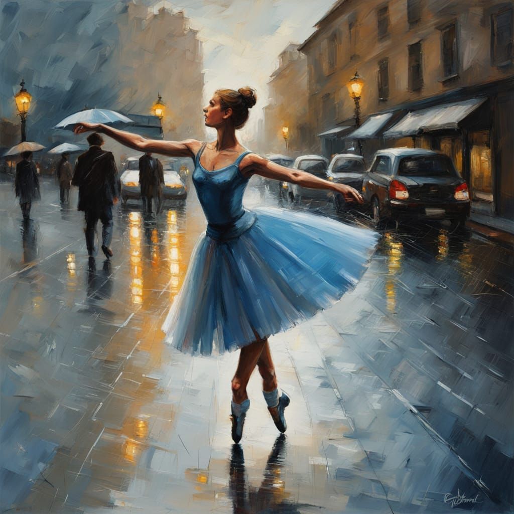 Impressionist Ballerina Dancing in Rainy Dusk