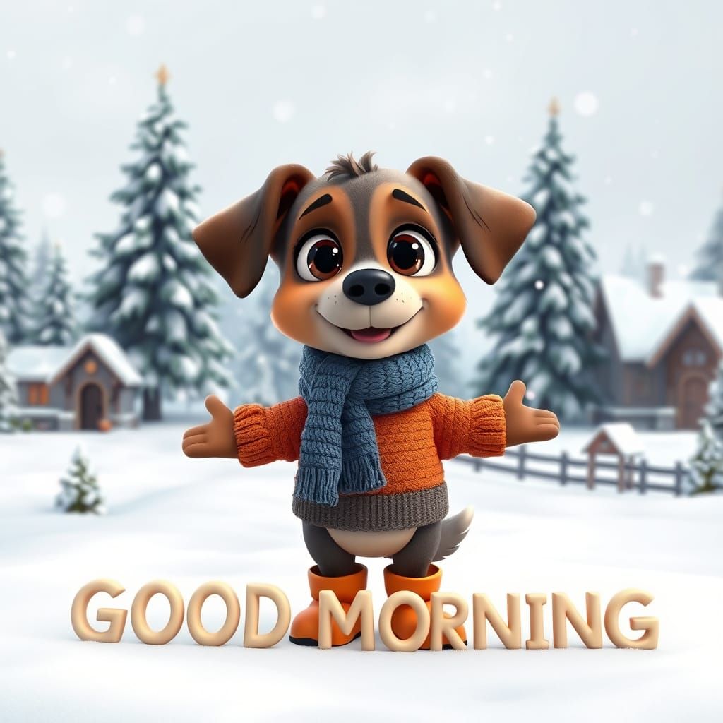Whimsical Cartoon Dog Wishes You a Joyful Morning in Snowy W...