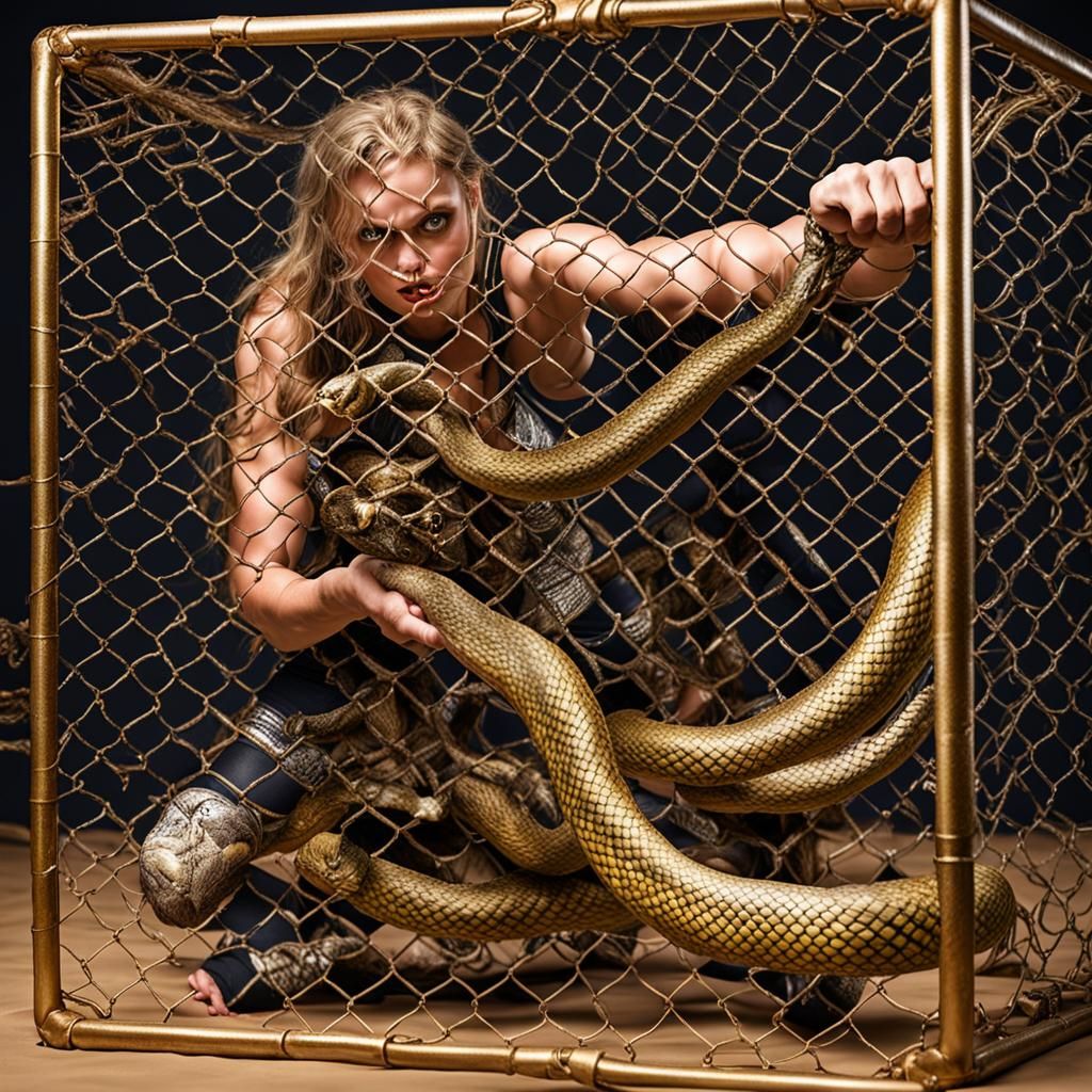 Woman Wrestles Snake in Golden Cage