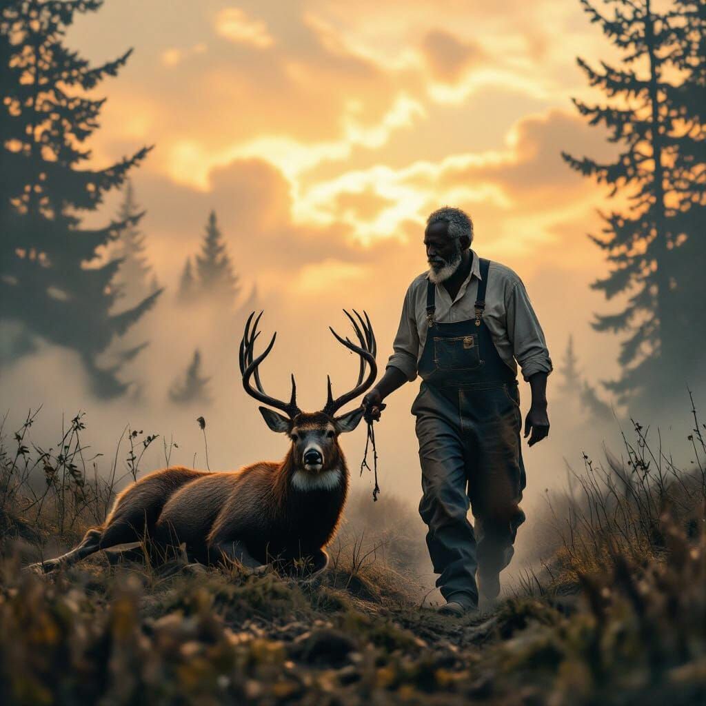 Man Ascends to Heaven with Deer, Painterly Style