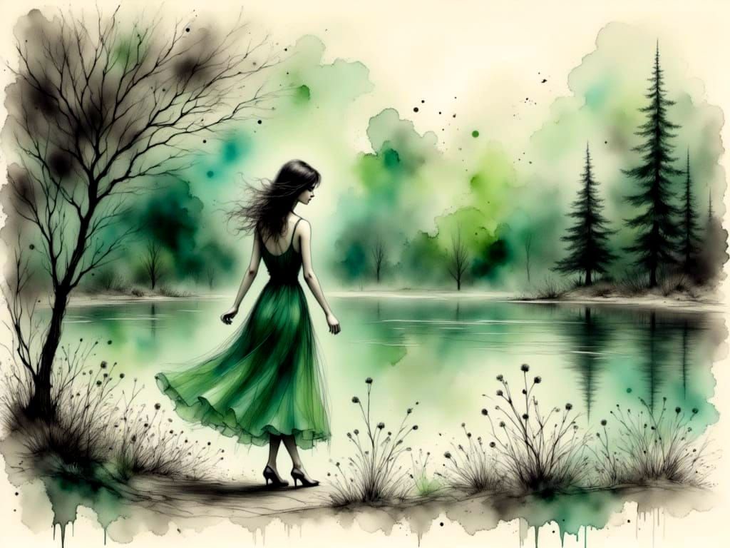 Tranquil Lake Scene in Charcoal and Watercolor Style
