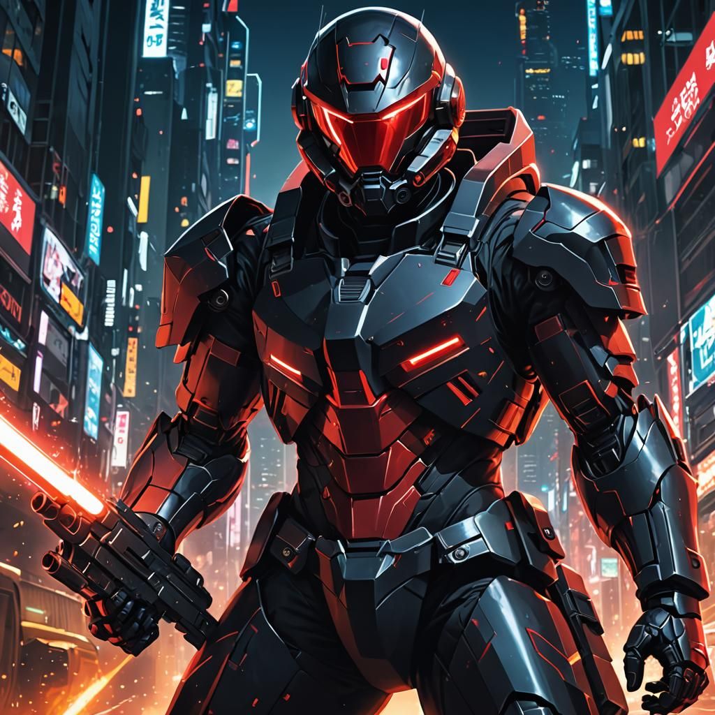 Futuristic Soldier in Black Armor: Anime Cel-Shaded Art