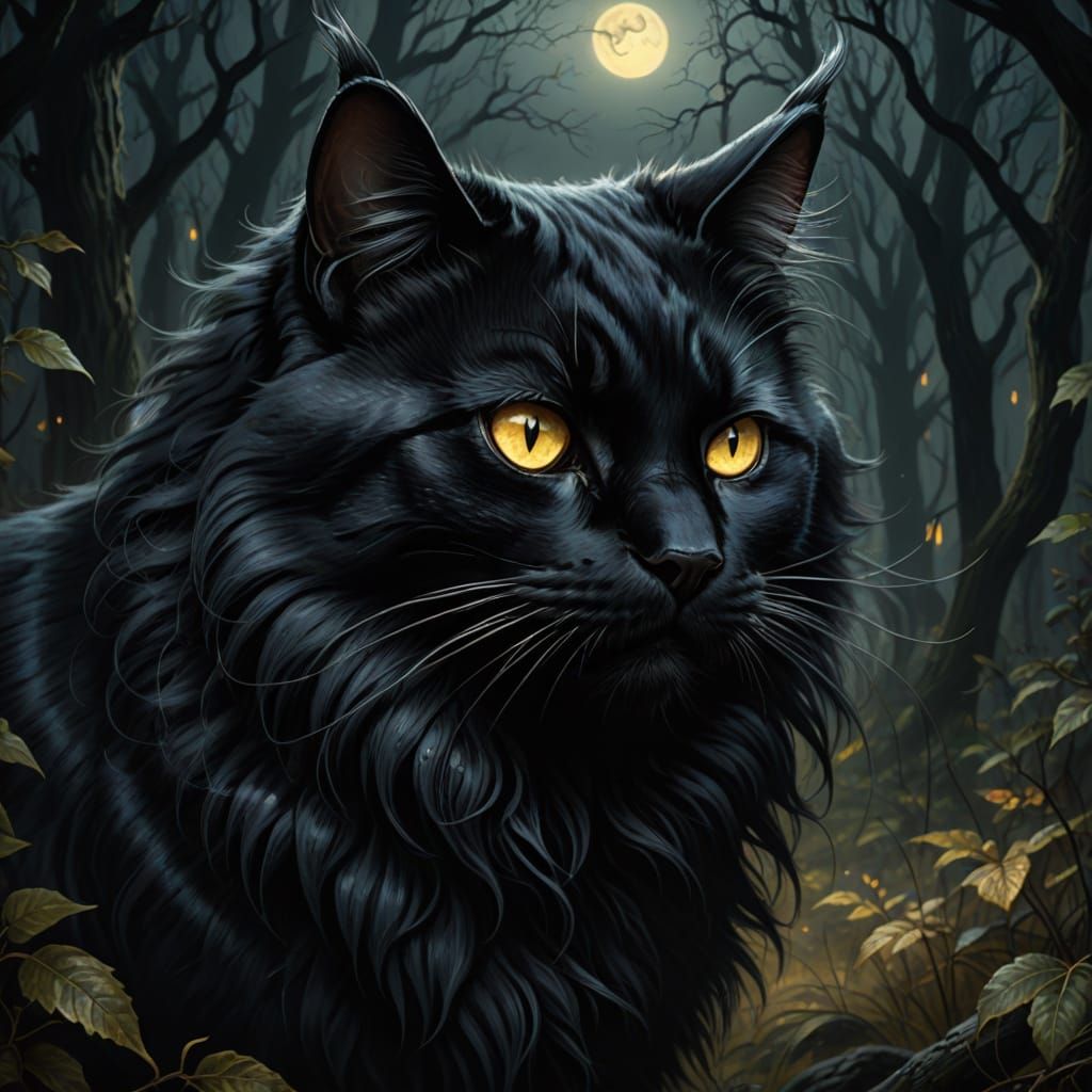 Black Long-Haired Cat Bites in Dark Fantasy Art