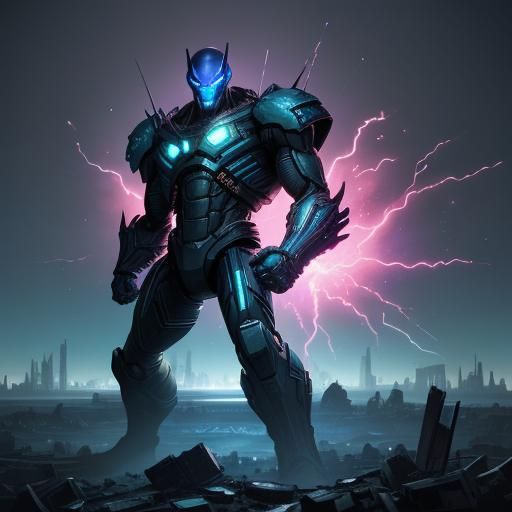 Alien Hero in Ruined Cityscape, Comic Book Style