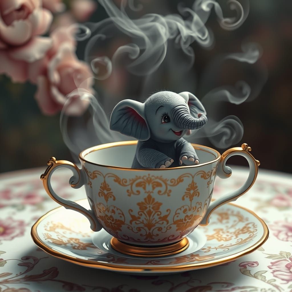 Miniature Elephant Peeks Out of Whimsical Tea Cup