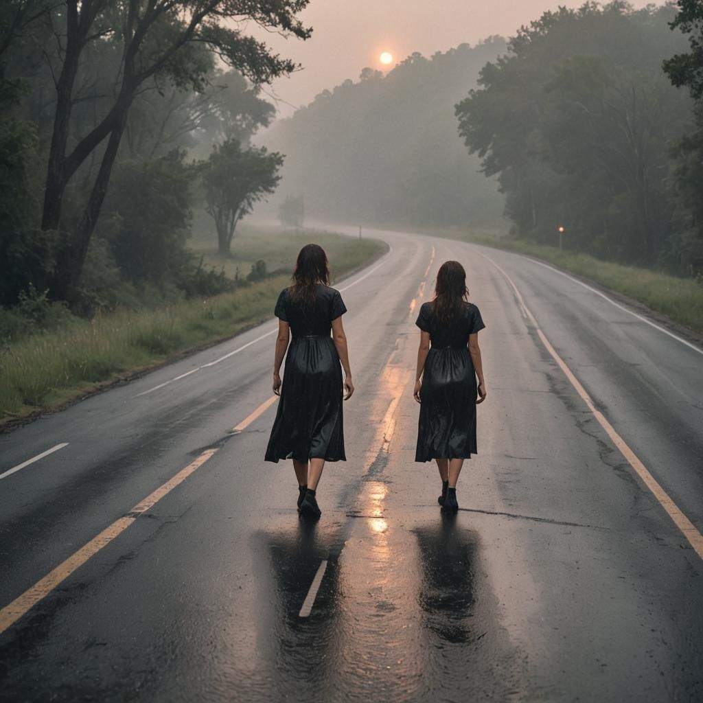 Ominous Sunrise: Woman Hitchhiking on Empty Road