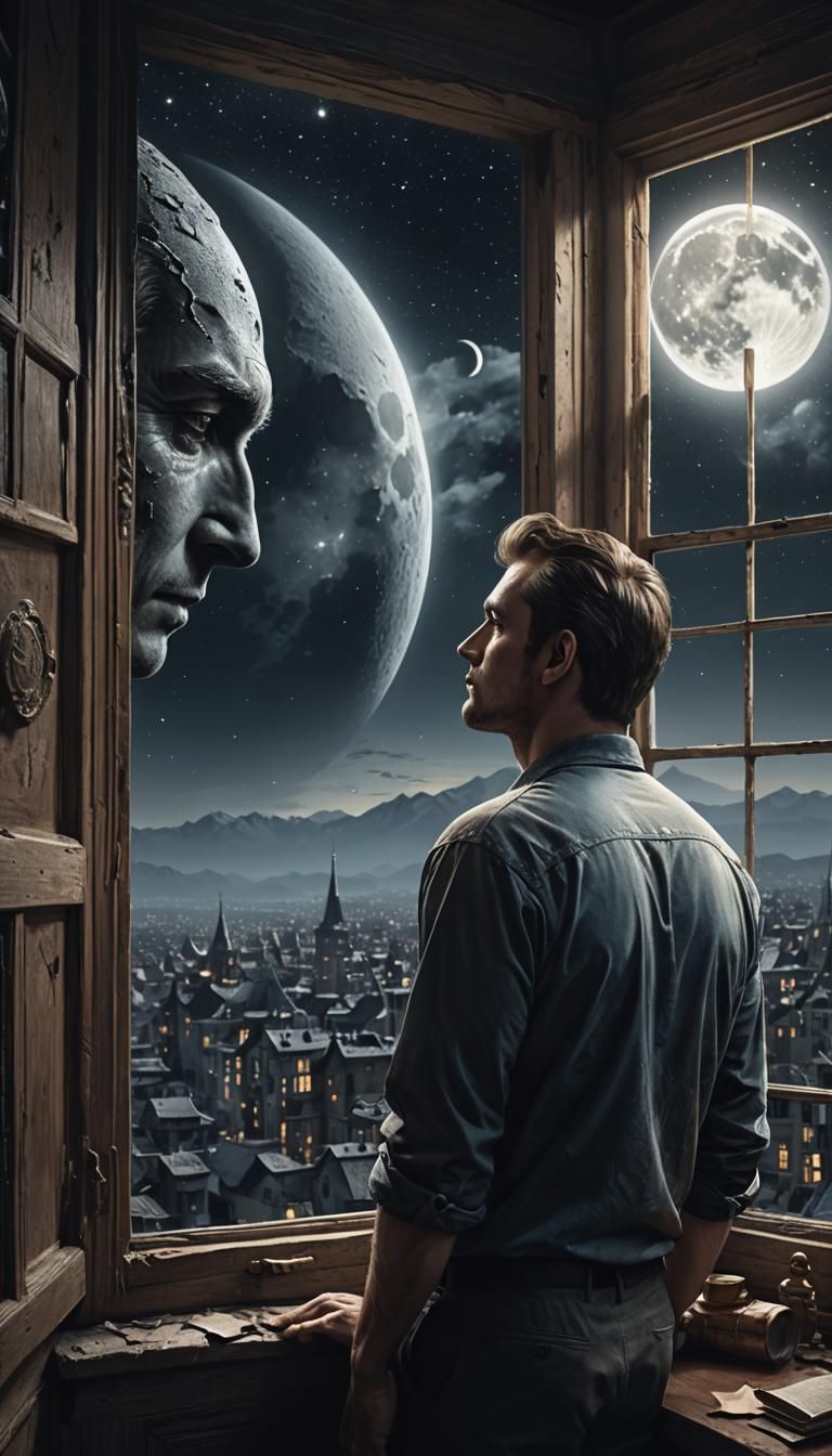 Contemplative Man Gazing at Moon, Matte Painting