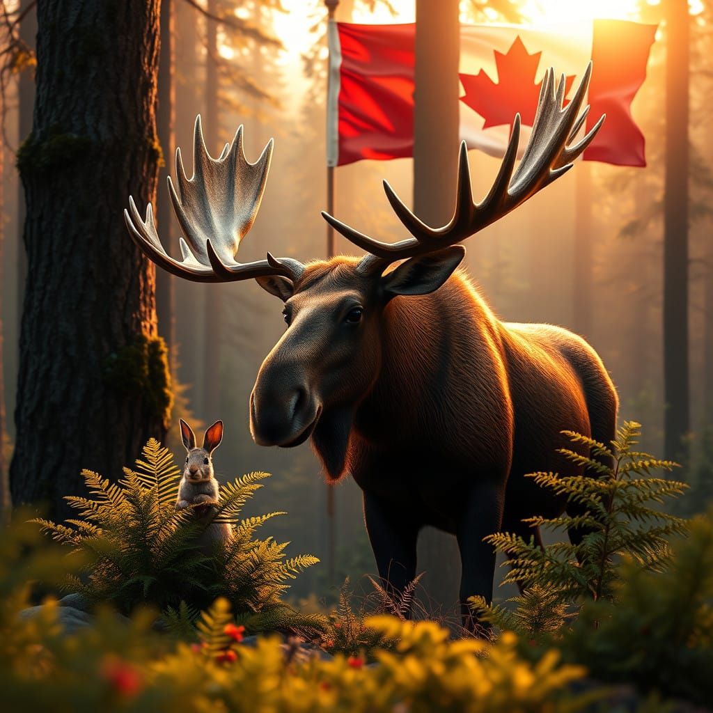 Majestic Moose in Vibrant Canadian Forest with Companion Rab...