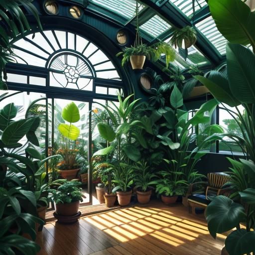 Steampunk Conservatory with Sunlight and Lush Plants