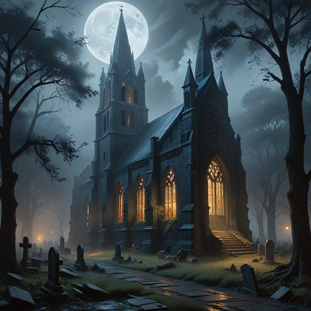 Ethereal Midnight Church in Misty Twilight