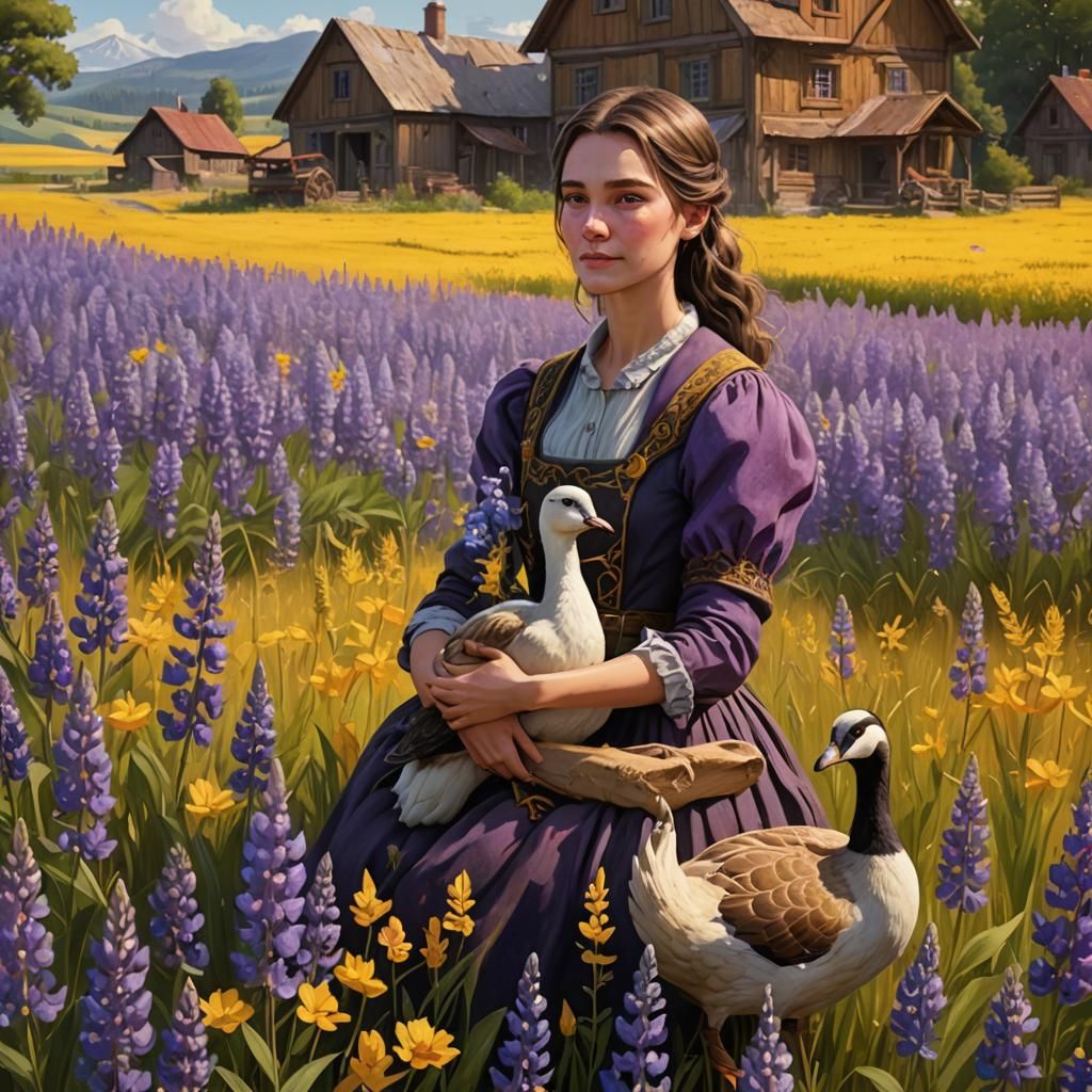 Woman with Goose in Lupine Field: Fantasy Art