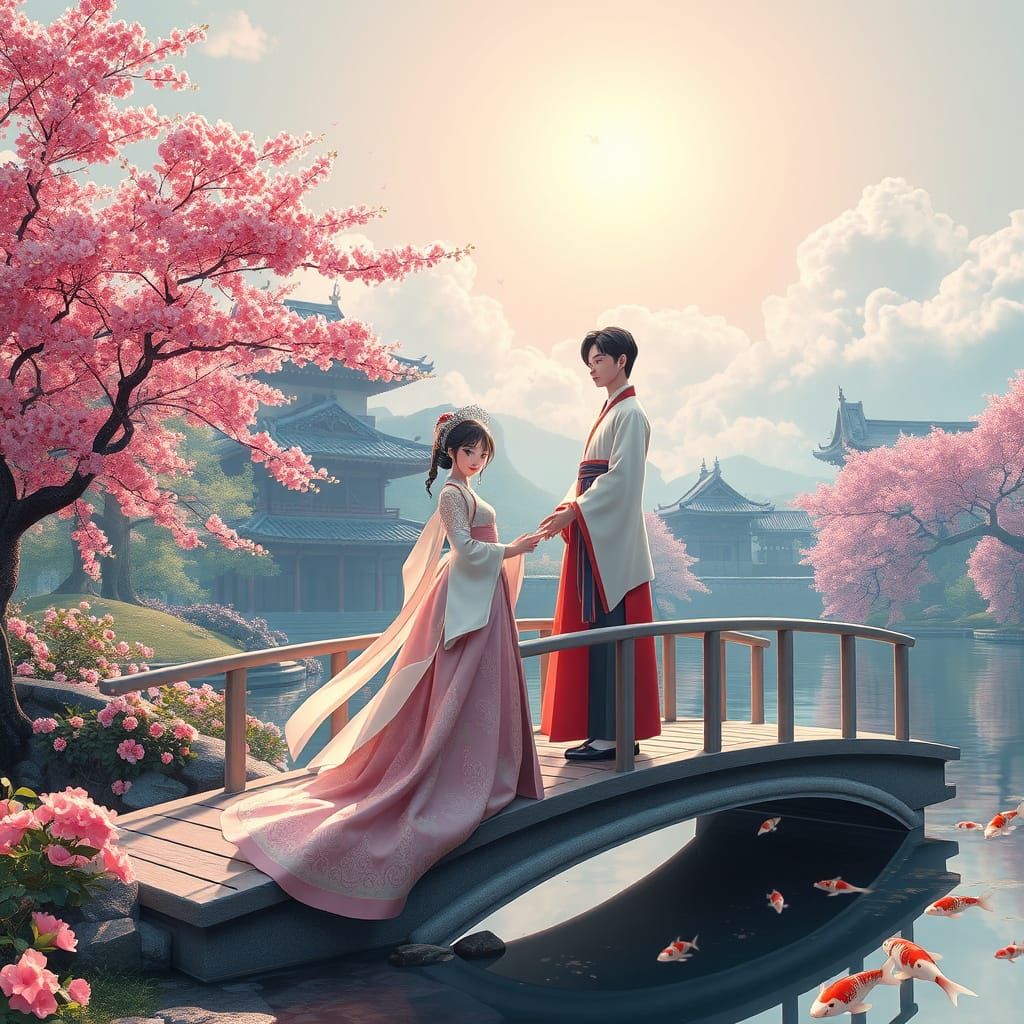 Korean Princess and Prince in Hanbok at Sunrise in a Castle ...