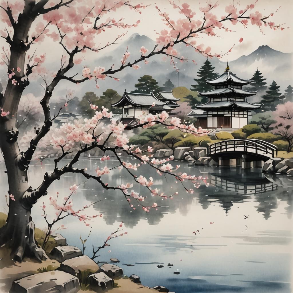 Japanese Cherry Blossom Branch Ink Wash Painting