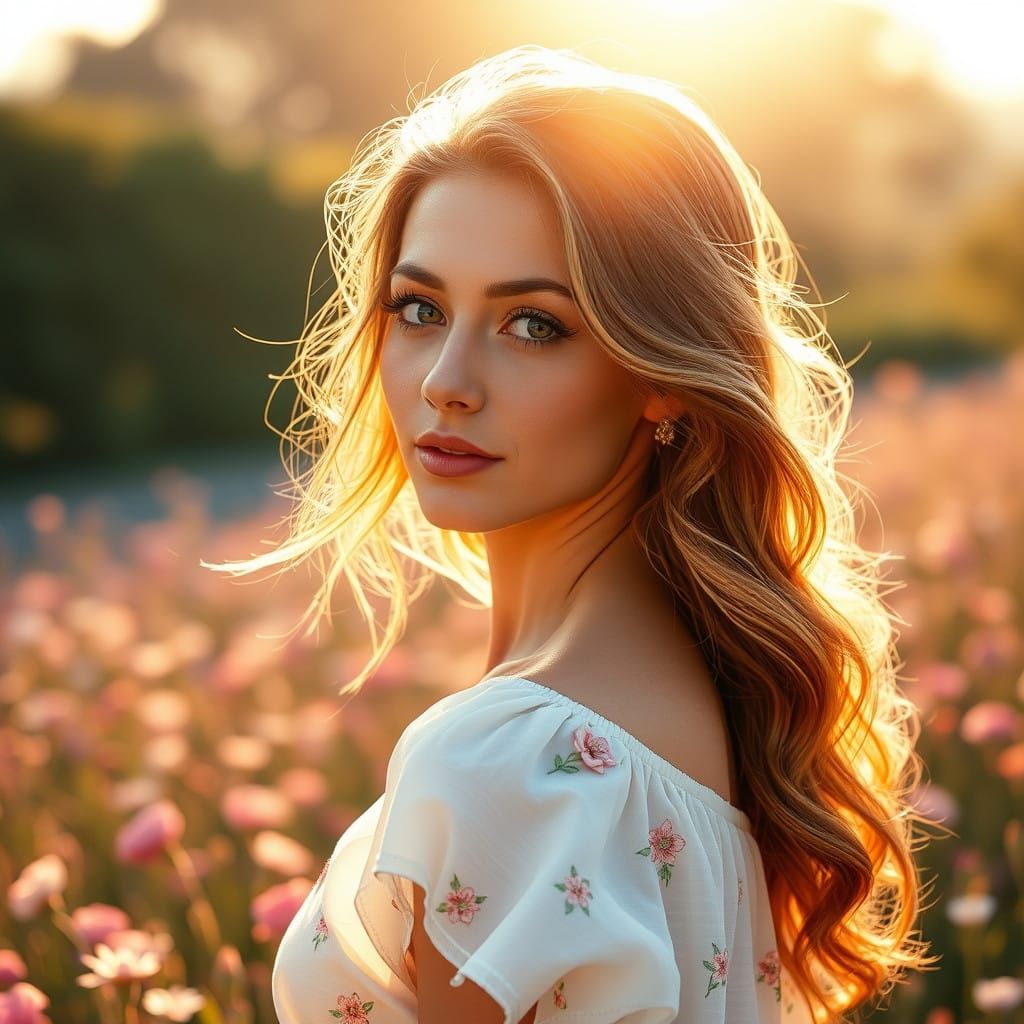 Ethereal Woman in a Whimsical Outdoor Setting at Dawn