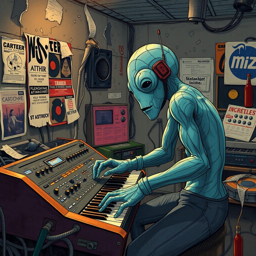 Pickle Musician in Grimy Futuristic Studio