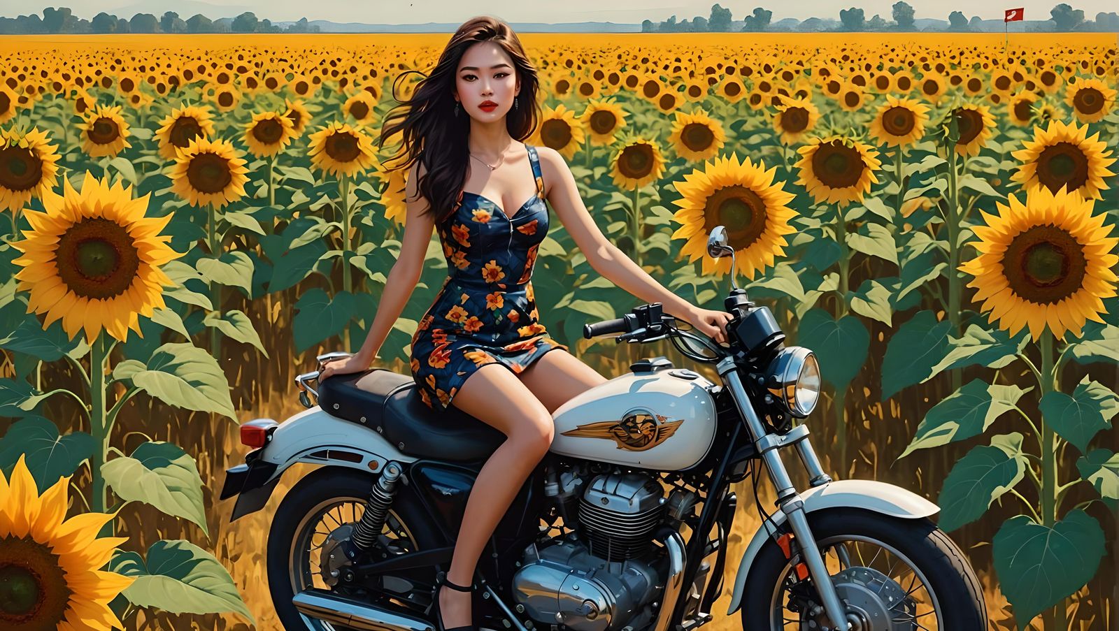 Asian Girl on Motorcycle in Sunflower Field, Splash Art