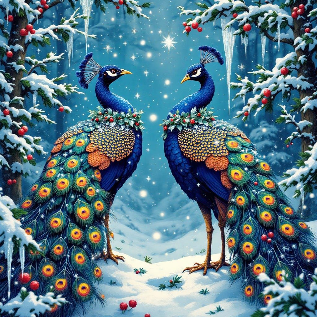 Mystical Winter Landscape with Peacocks