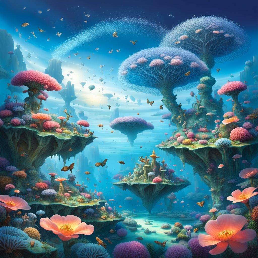 Floating Islands Dreamscape with Coral Reefs and Stardust