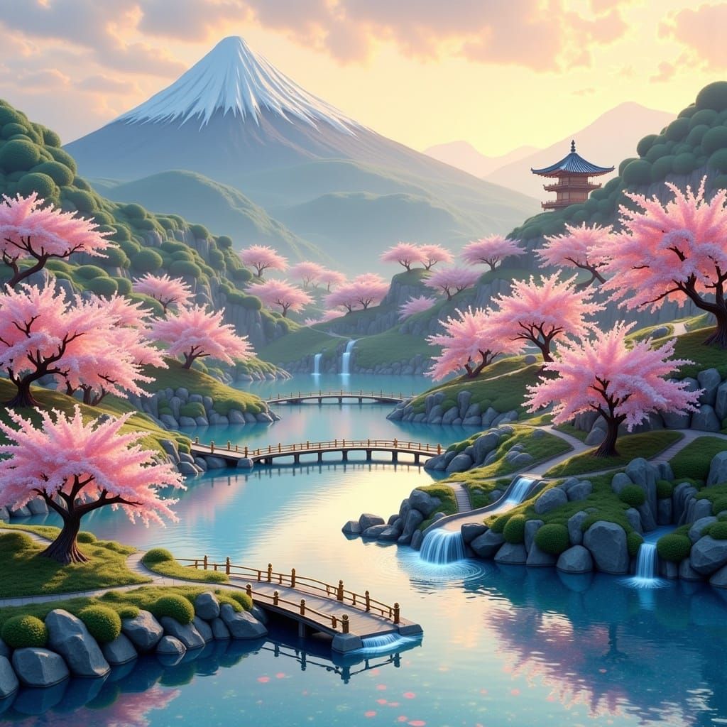 Surreal Japanese Landscape in Soft Watercolor Style