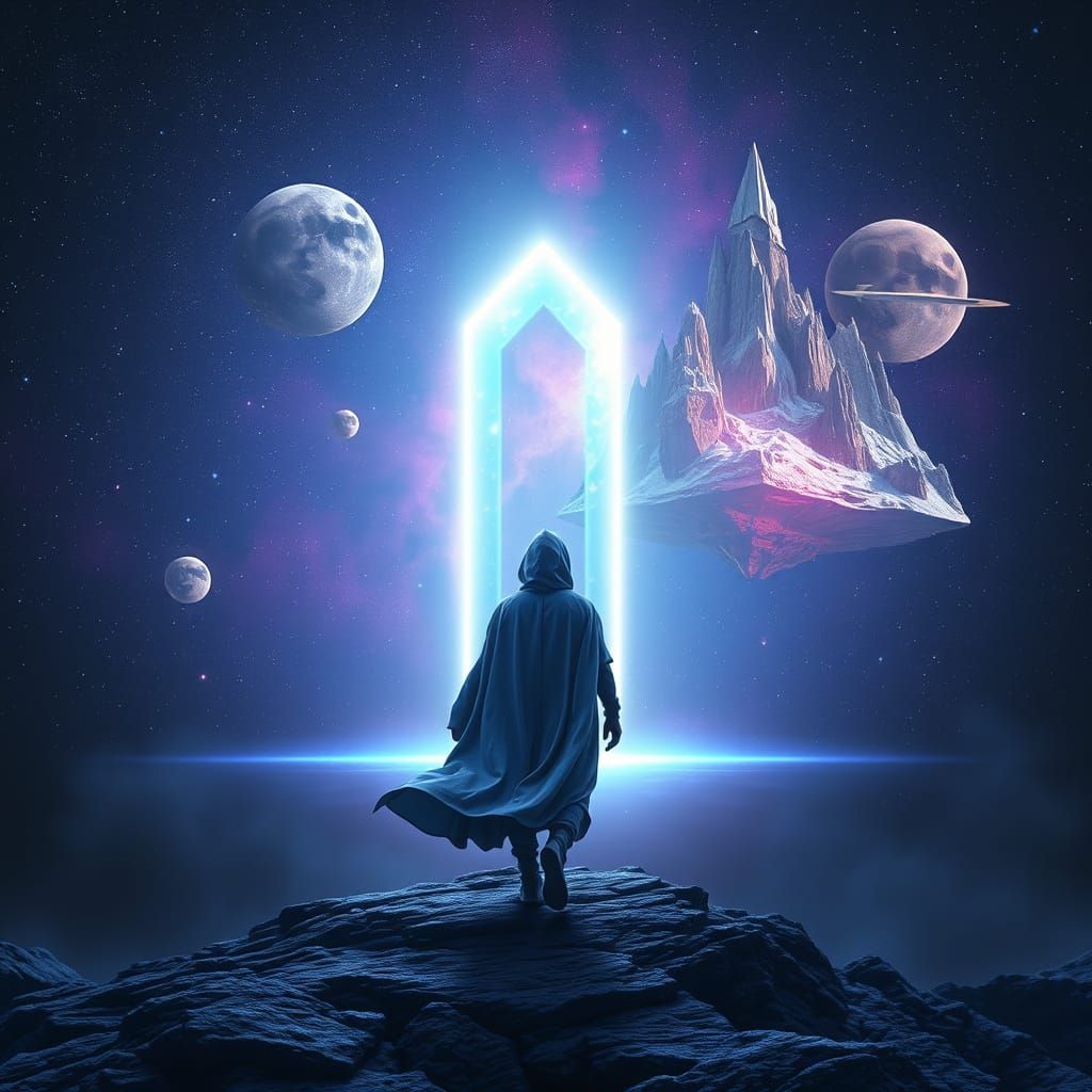 Figure Emerges into Vibrant, Starry Expanse Through Iridesce...