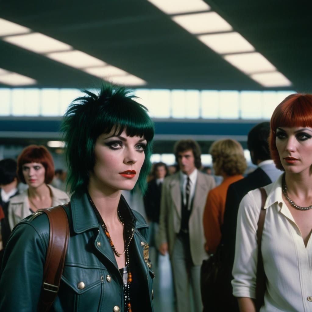 1970s Punk Girl at Airport: Cinematic Film Still