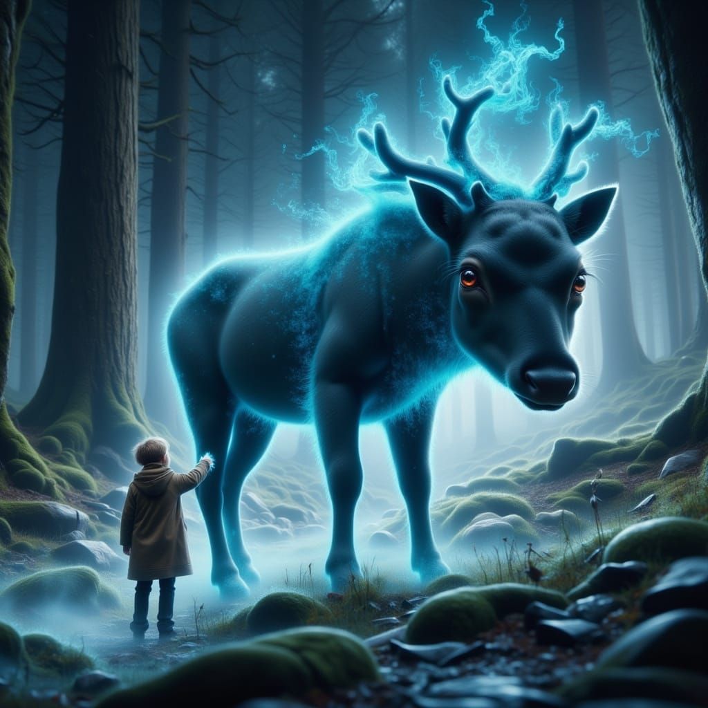 Wizard Boy with Bioluminescent Mystical Deer Patronus